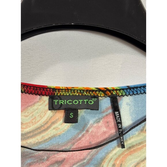 Vintage Y2K Tricotto Leopard Abstract Print Midi Dress S Ruched Ruffle Detail - Picture 8 of 9